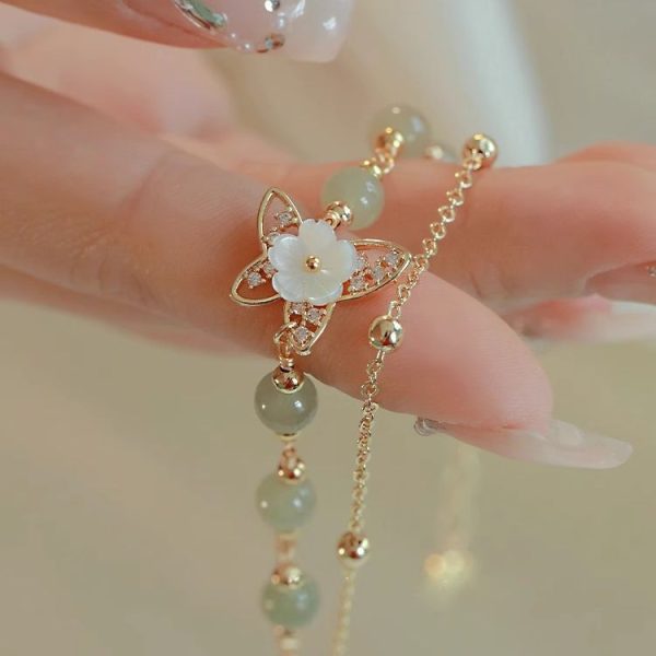 Buddha Stones 14K Gold Plated Hetian Jade Butterfly & Flower Double Layer Lucky Bracelet - Image 4