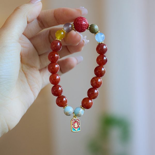 Buddha Stones Natural Red Agate Cinnabar Fu Character Dragon Tail Peace Bracelet - Image 2