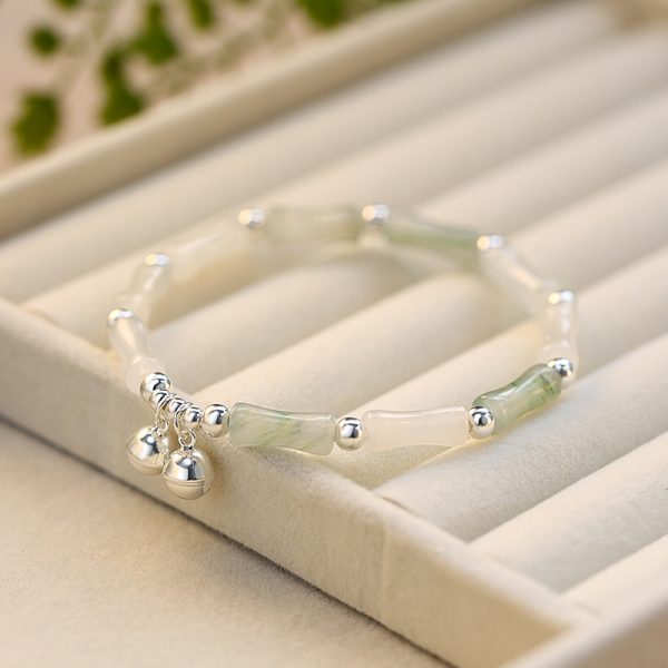 Buddha Stones Natural White Jade 925 Sterling Silver Bamboo Bells Lucky Bracelet - Image 2